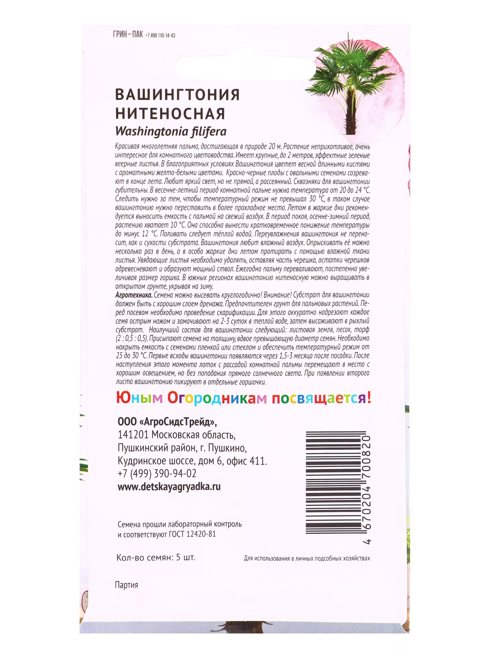 Семена цветов Вашингтония «Нитеносная » «Детская грядка» 5 шт. — для огород — фото 2