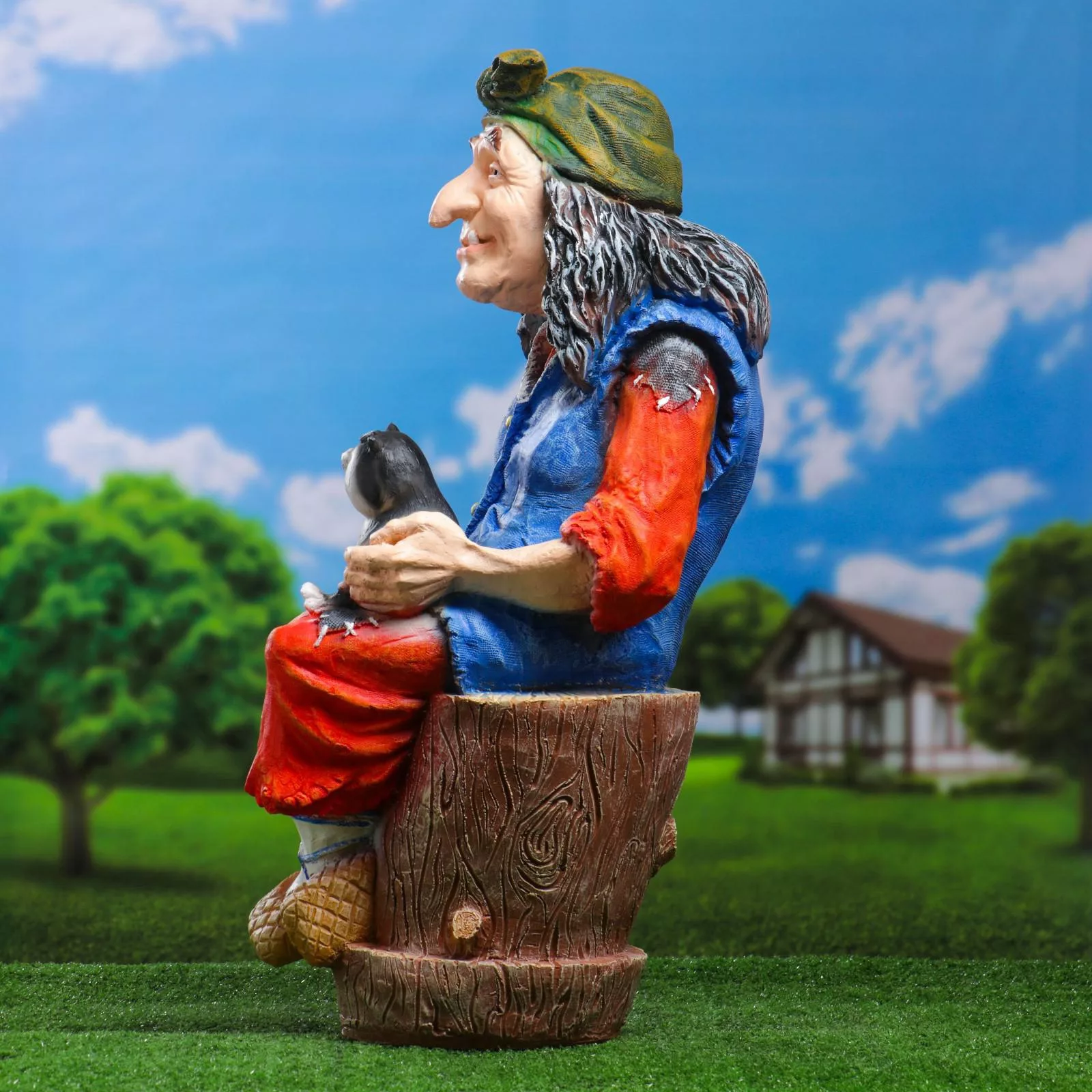 Садовая фигура из полистоуна «Баба Яга на ступе с кошкой» — для огород — фото 9
