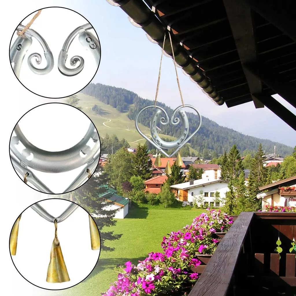 Металлическая ветряная подвеска в форме сердца с подковой и тремя подвесными — для участок — фото 4