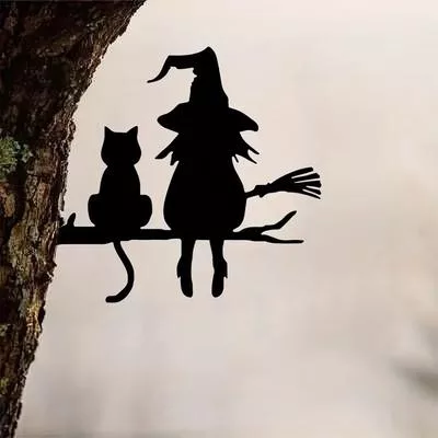 Симпатичный железный силуэт ведьмы и кошки - садовый колышек для пня дерева. Идеальное — для участок — фото 3