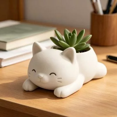 3D-печатный цветочный горшок для кошек Лежащий котенок Суккуленты Травяные растения — для хранение — фото 3