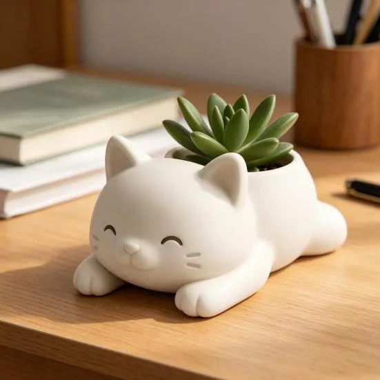 3D-печатный цветочный горшок для кошек Лежащий котенок Суккуленты Травяные растения — для хранение — фото 4