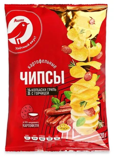 Чипсы картофельные АШАН Красная птица Колбаски гриль с горчицей — для отдых